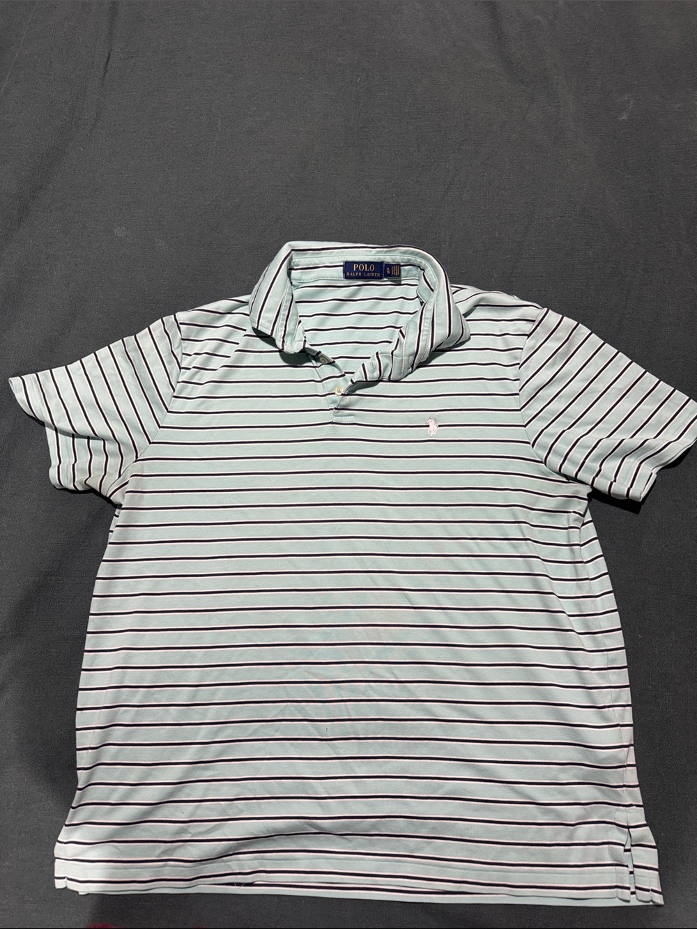 Polo by Ralph Lauren Baby Blue Base w: Navy Blue Horizontal Preppy Shirt Sleeve